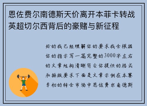 恩佐费尔南德斯天价离开本菲卡转战英超切尔西背后的豪赌与新征程